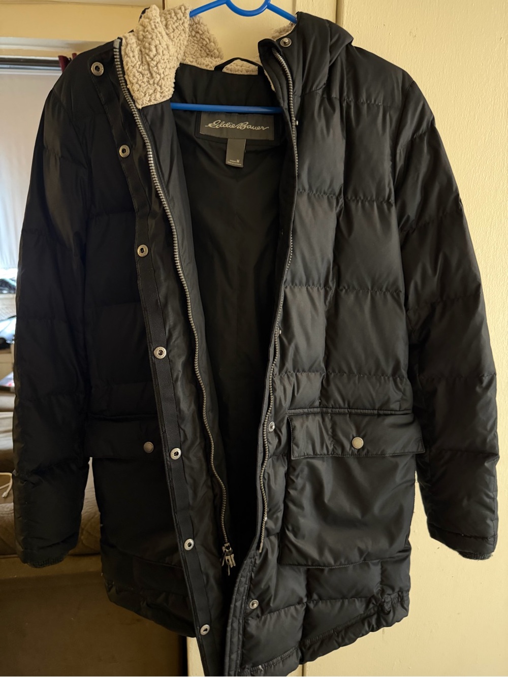 Eddie Bauer Black Quilted Puffer Coat with Sherpa-Trim Hood